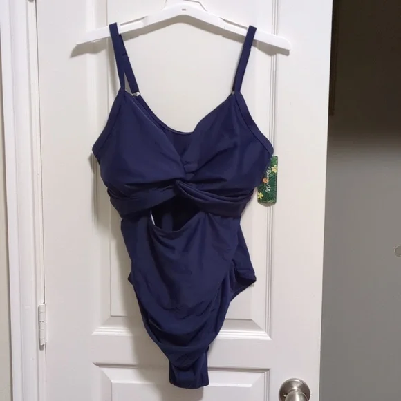 Dark Blue Tummy Control Swimsuit With Cut Out And Ruched Sides - Picture 4 of 7